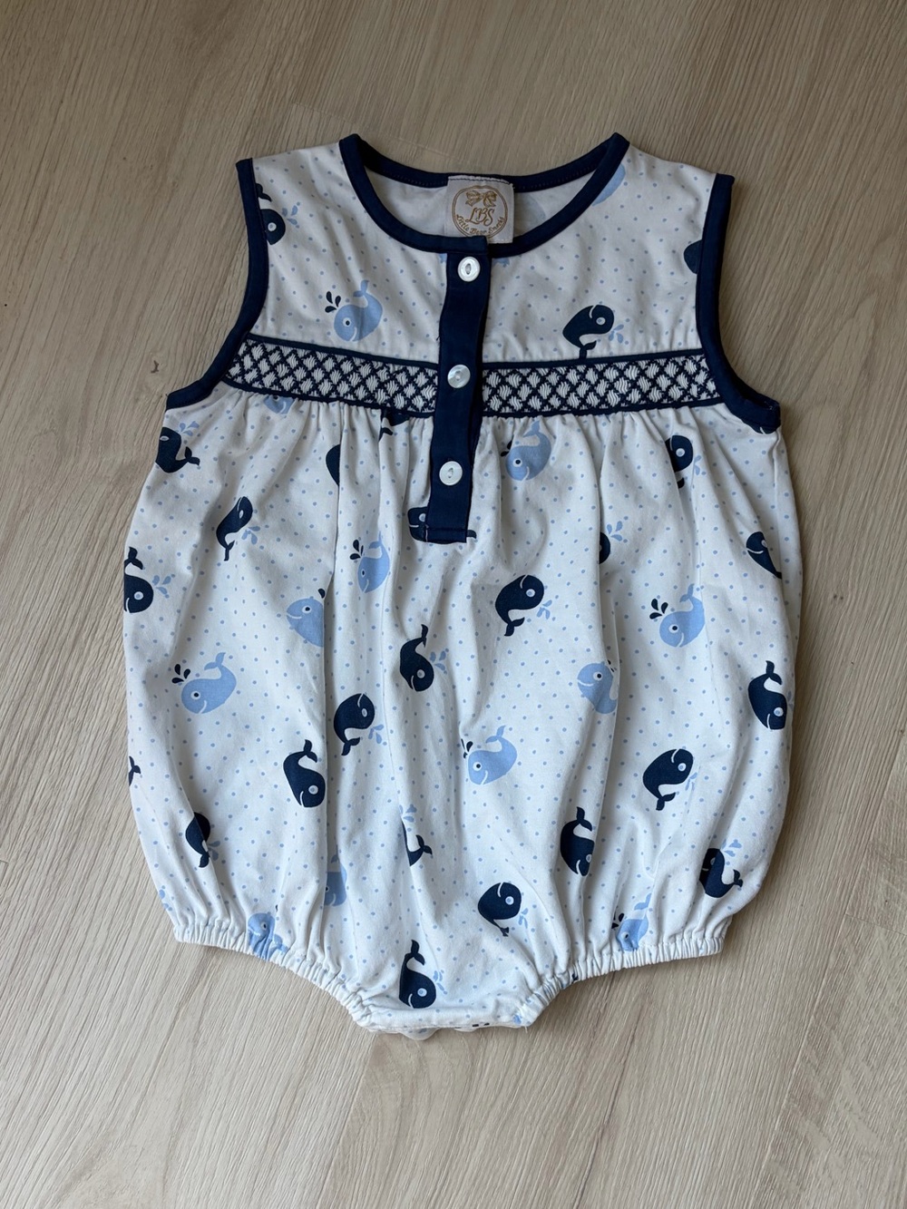Navy & White Whale Print Baby Smocked Romper bubble outfit 18 months